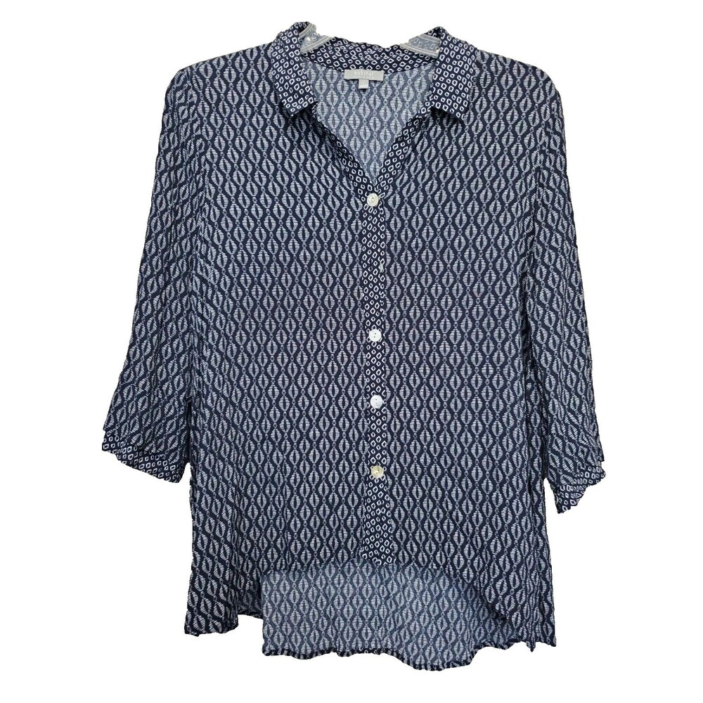 Habitat Blue Contrast Trim High-Low Hem Button-Up Tunic Size Large Lagenlook